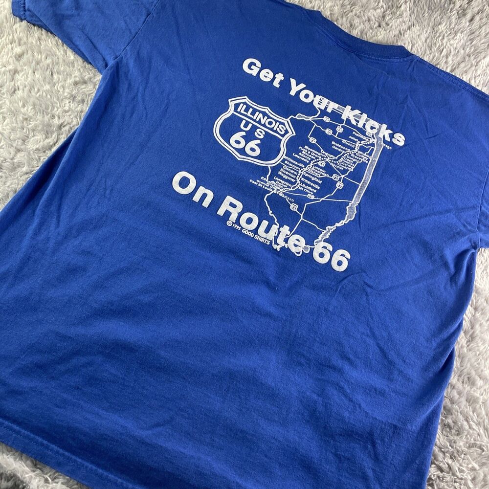 Vintage Route 66 Shirt Mens Extra Large Blue Illinois Kicks Pocket USA Made 90s